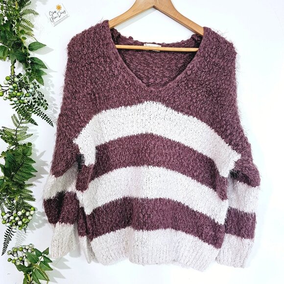 Womens Burgundy‎ & White Striped V-Neck Chunky Sweater Sz M/L《873》J - Picture 1 of 5